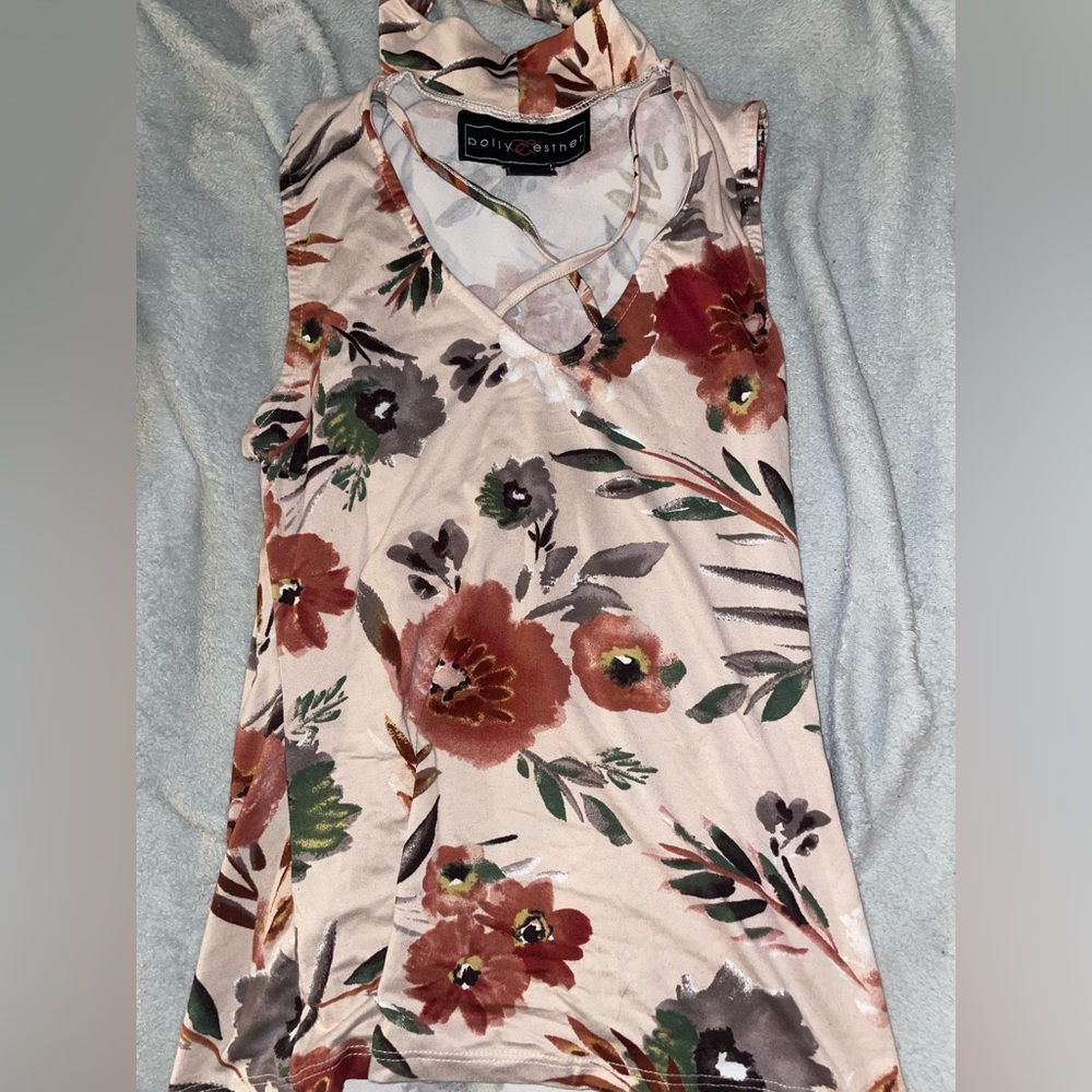 polyester floral shirt. open chest and choker medium